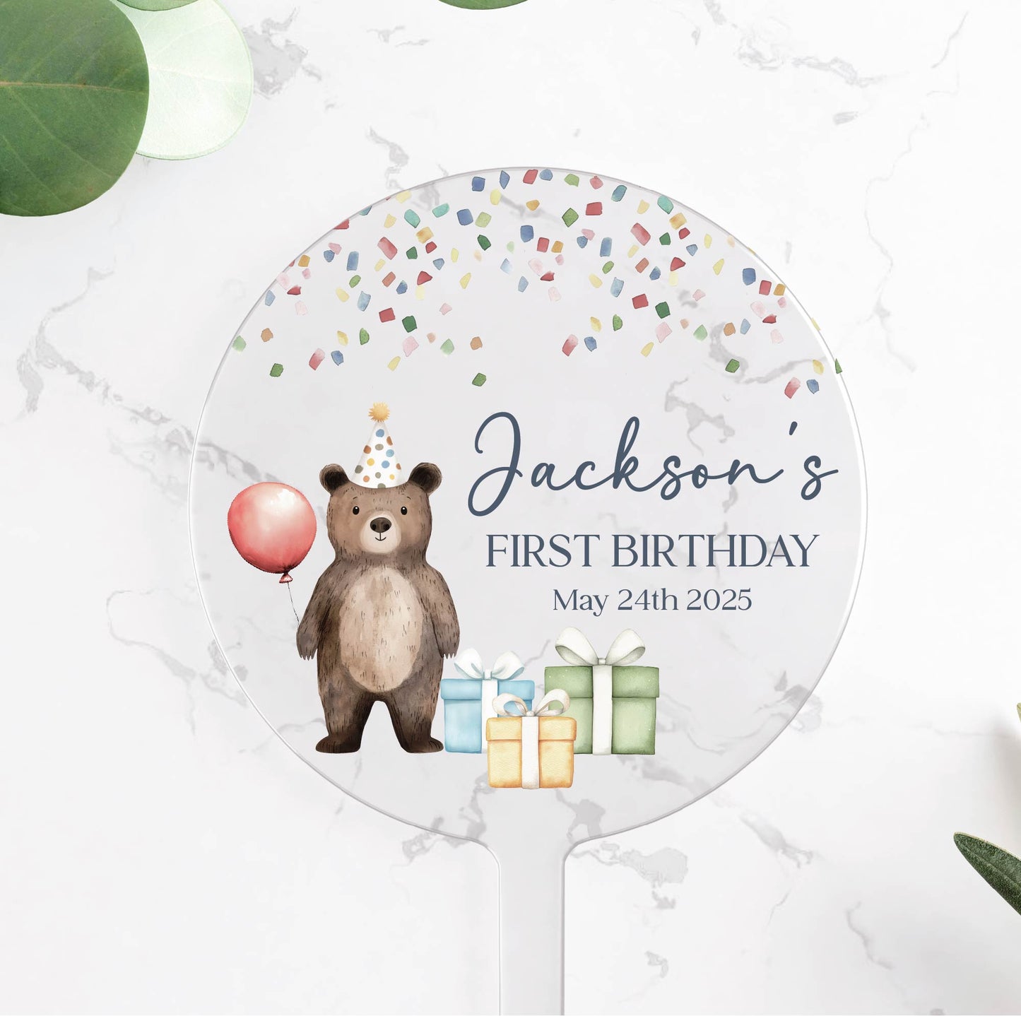 Birthday Bear cake topper, personalised birthday acrylic cake topper