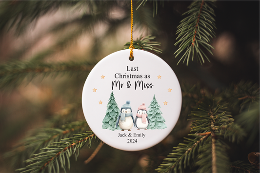 Personalised Christmas bauble, couples decoration, Last Christmas as Mr & Miss Decoration