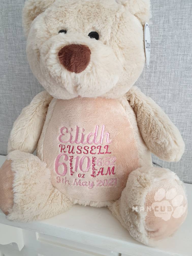 Personalised new baby teddy bear, embroidered new baby teddy bear, birth announcement teddy bear, new baby gift. - Mancub Prints